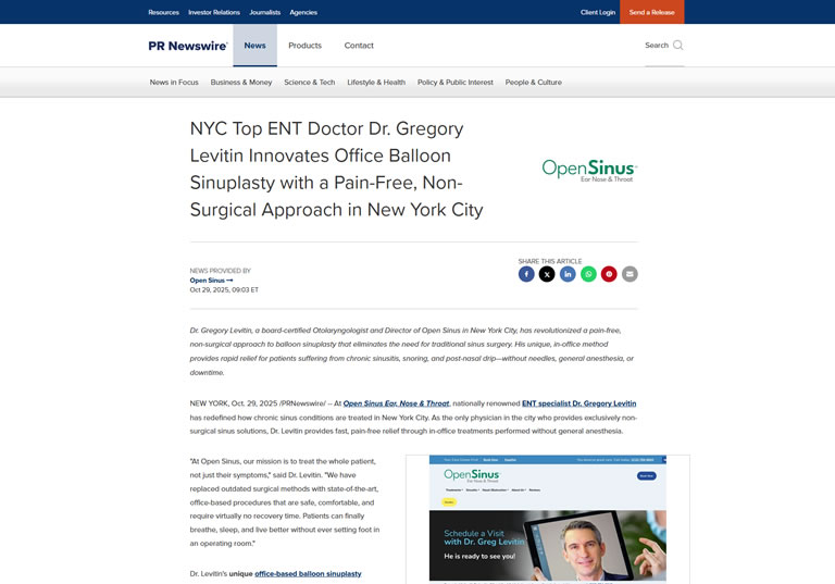 screenshot of article titled: NYC Top ENT Doctor Dr. Gregory Levitin Innovates Office Balloon Sinuplasty with a Pain-Free, Non-Surgical Approach in New York City